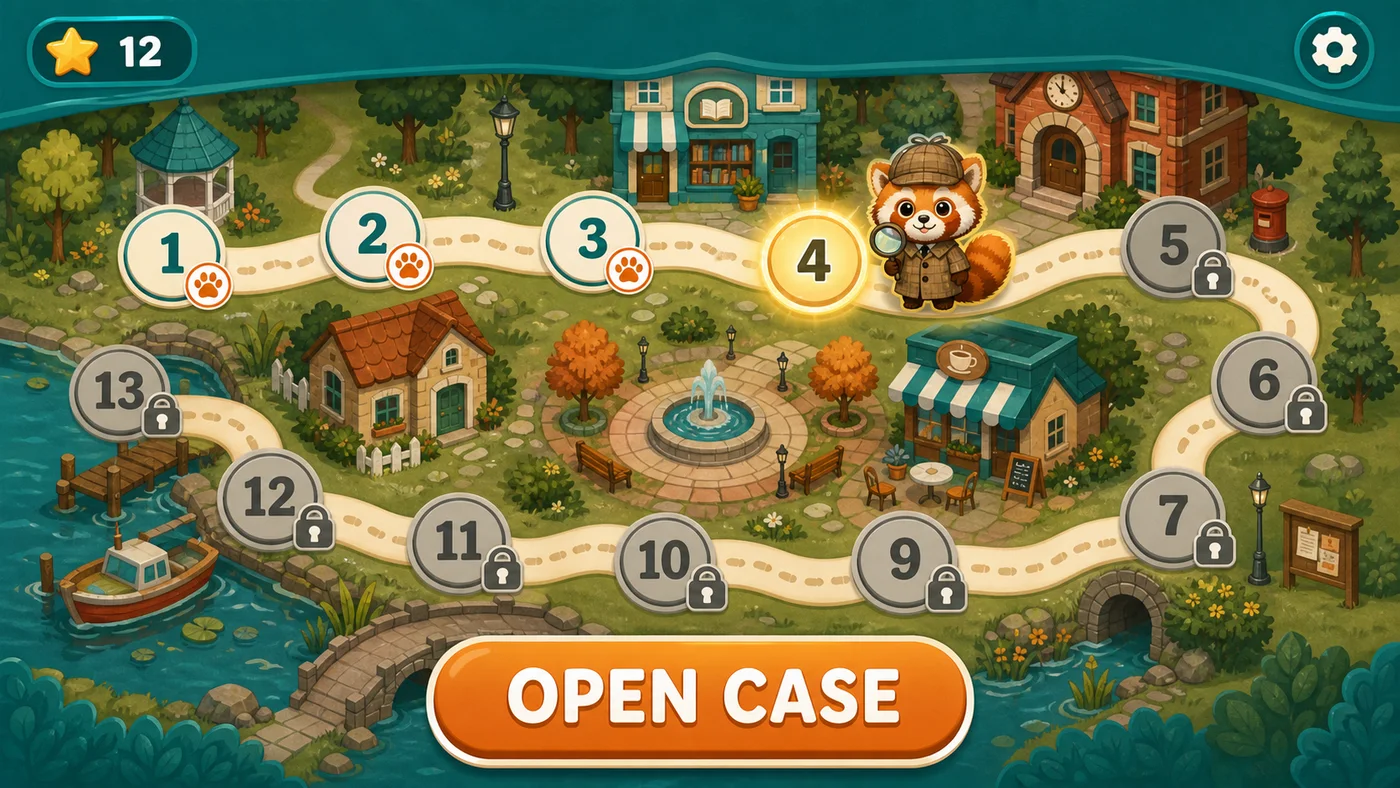 Early concept of the Clause Paws case map: a winding trail of numbered cases through an illustrated Pattern City.