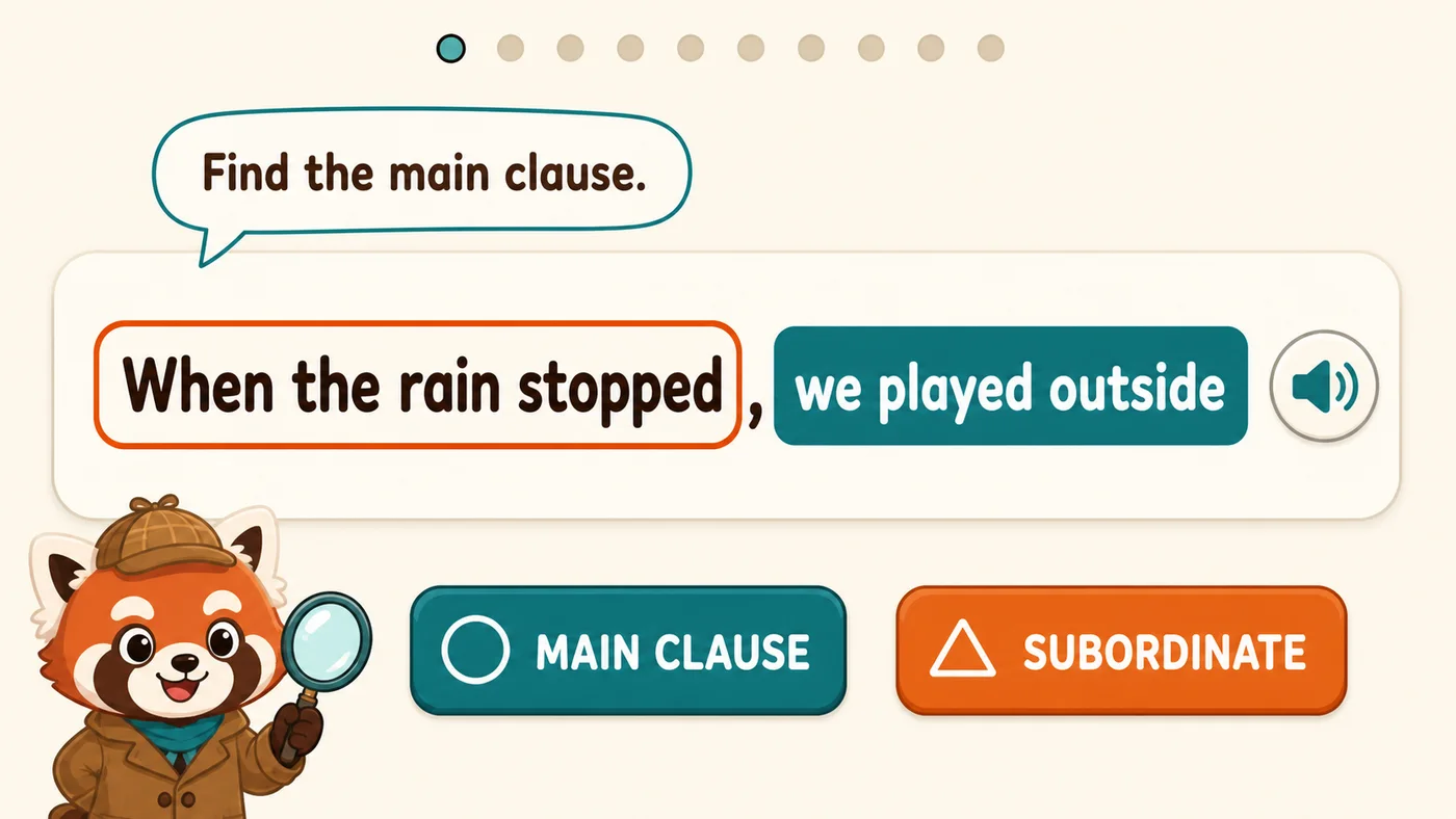 Early concept of a Clause Paws exercise: a sentence with its clauses highlighted in different colours, with Pip alongside.